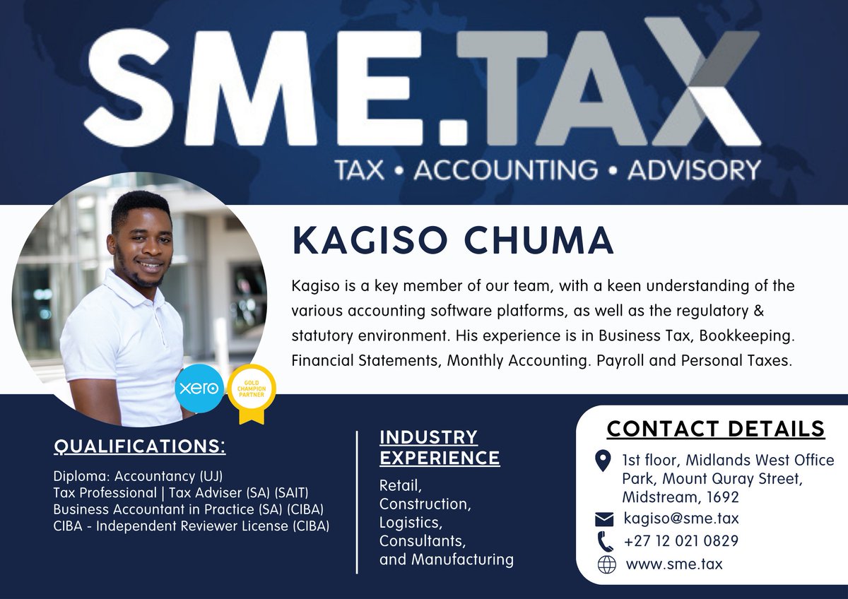 Great accounting is not just about numbers. It is about peace of mind.
With Kagiso Chuma at SME.TAX, you get professional accounting, tax, and advisory services that keep your business moving forward.
Book your free consultation today and focus on what matters
