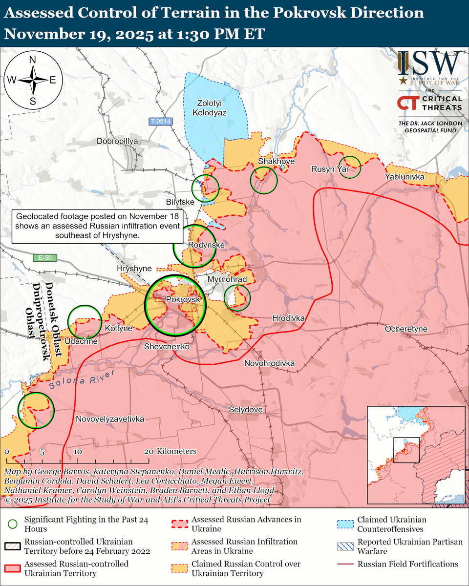 TheStudyofWar's tweet image. NEW: Russia killed at least 26 Ukrainian civilians and injured at least 139 on the night of November 18 to 19 during its combined missile and drone strikes that disproportionately impacted civilian areas.

Other Key Takeaways:

US and Russian officials reportedly drafted a…