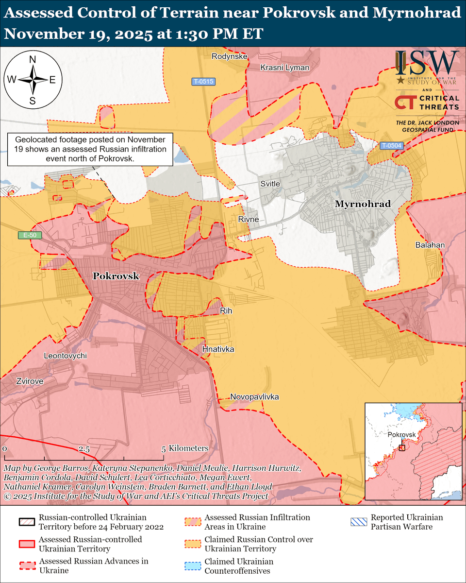 TheStudyofWar's tweet image. NEW: Russia killed at least 26 Ukrainian civilians and injured at least 139 on the night of November 18 to 19 during its combined missile and drone strikes that disproportionately impacted civilian areas.

Other Key Takeaways:

US and Russian officials reportedly drafted a…