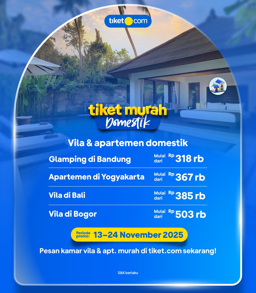 tiket's tweet photo. DISKON BUAT SHORT ESCAPE DI BOGOR SAMPAI BALI! βοΈ
Lengkapin rencana staycation bareng bestie dengan rekomendasi vila dan apartemennya, nih! π
https://t.co/Y68nWKIZqB
Pesan kamar vila & apt. murah di https://t.co/AT2gGfPEm8 sekarang!
#SemuaAdatiketnya #PromoLiburan https://t.co/1d2mGcaTZu