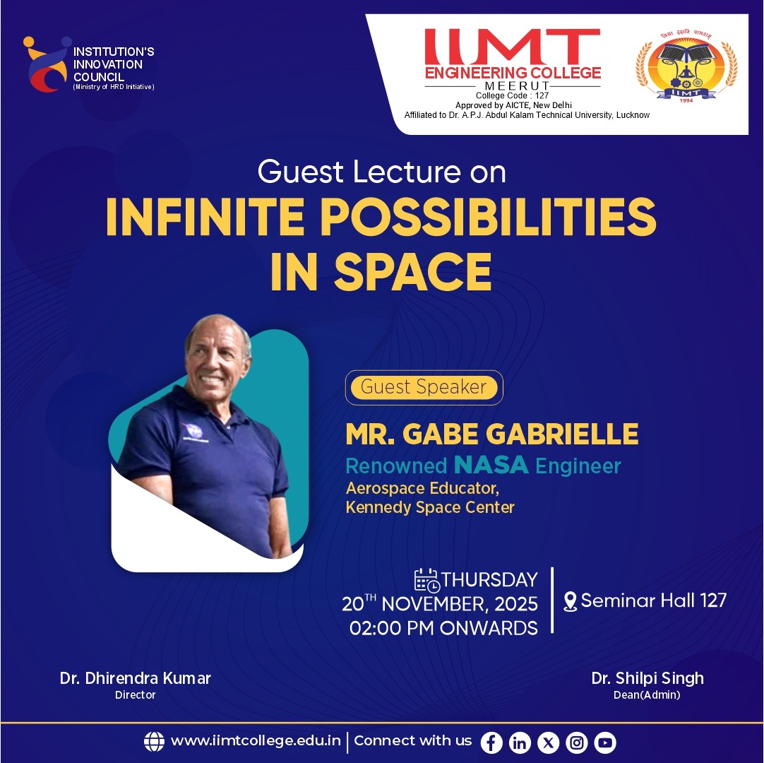 iiciimtcollege's tweet image. A captivating guest lecture on “Infinite Possibilities in Space” will be delivered by Mr. Gabe Gabrielle, renowned NASA Engineer and Aerospace Educator from the Kennedy Space Center. 

#GuestLecture #NASAEngineer 
#KennedySpaceCenter #IIMTEngineeringCollege #AKTUaffiliatedcollege