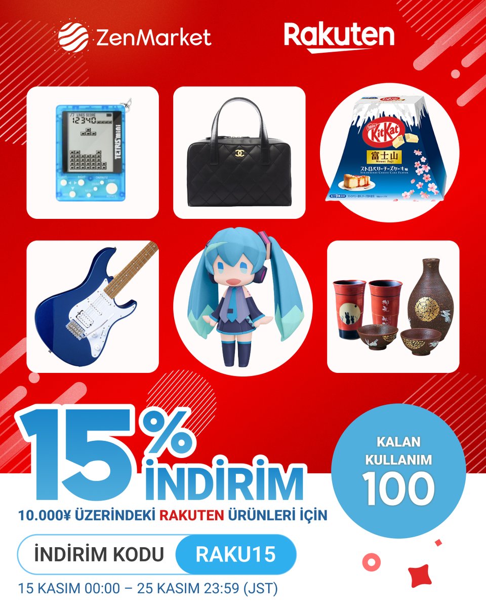 🎉 Rakuten’de %15 İNDİRİM! 🎉

🛍️ 10.000 JPY üzeri ürünlerde
🔝 Ürün başına maks. 10.000 JPY indirim
👥 İlk 250 kişi yararlanabilir (sonra durur)
🔢 Kullanıcı başına 99 kullanım
🏷️ Kod: RAKU15

📅 15–25 Kasım 2025 (JST)

Kaçırma! ✨