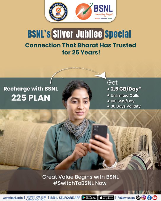bsnl_ap_circle's tweet image. #BSNL completes 25 incredible years… and here’s a plan to mark this milestone!

The ₹225 Silver Jubilee Plan gives you: Unlimited Calls | 2.5GB/Day | 100 SMS/Day | 30 Days Validity

🔗 Recharge Here: bsnl.co.in/mobile/recharge

#25YearsOfBSNL #BSNLPlan #SilverJubileePlan #BSNLAP