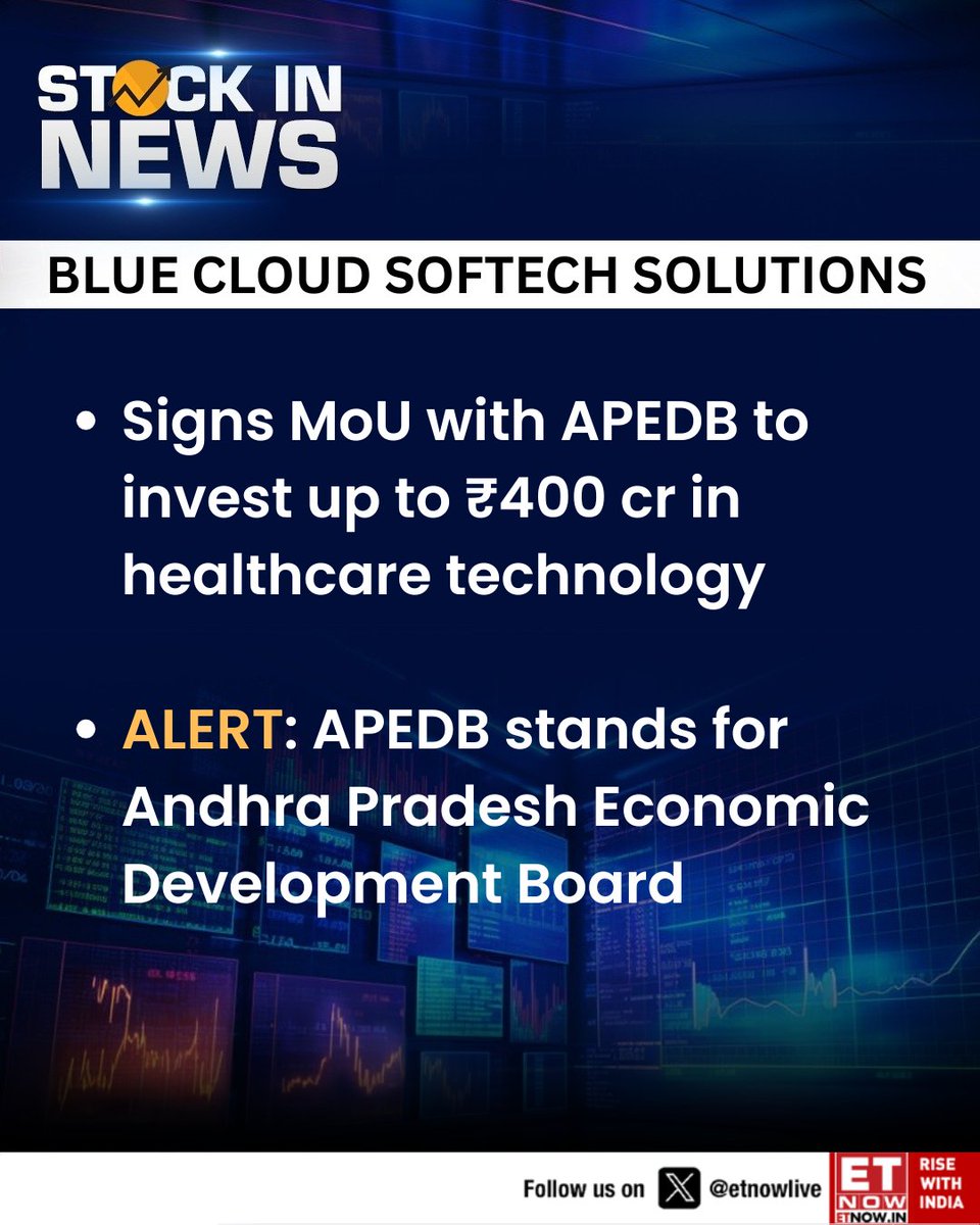 ETNOWlive's tweet image. #StockInNews | Blue Cloud Softech Solutions signs MoU with APEDB
Plans to invest up to ₹400 cr in healthcare technology. 

#BlueCloudSoftech #APEDB #HealthcareTech #InvestmentNews #MoU