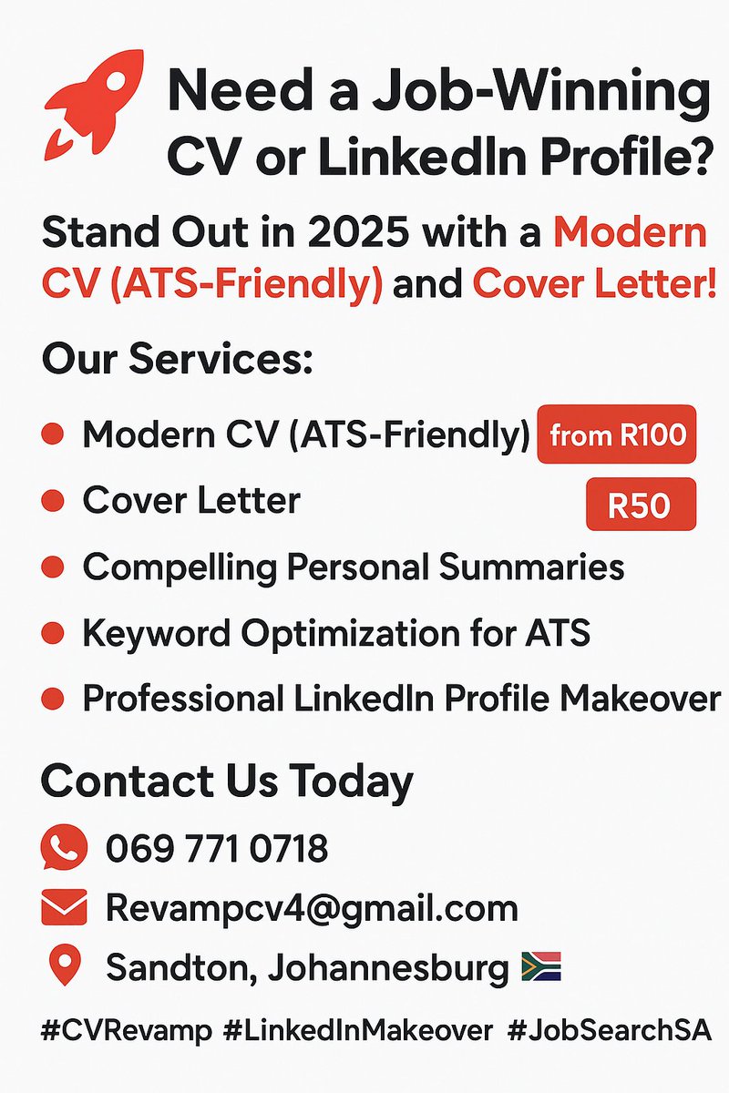📄 Revamp your CV &amp; LinkedIn-Special 📄

▪️Modern CV (ATS-FRIENDLY) from: R100
▪️Cover Letter: R50
▪️LinkedIn Optimization
▪️Business Profiles
▪️Company Logo
▪️Contract Drafting
▪️Poster Design
▪️Academic Writing

Whatsapp: 069 771 0718
Or Email: Revampcv4@gmail.com
#JobSeekersSA