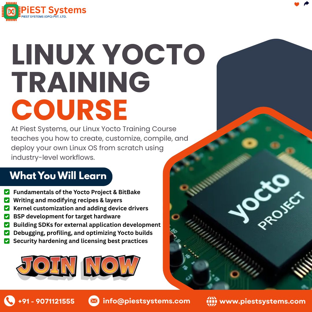 piestsystems's tweet image. Linux Yocto Training Course – Build Your Own Embedded Linux Like an Industry Expert! 

📞 +91-9071121555
 💬 wa.me/9071121555 
 🌐 piestsystems.com/linux-yocto-tr… 
 📧 info@piestsystems.com 

#Yocto #YoctoProject #EmbeddedLinux #LinuxTraining #LinuxDevelopment