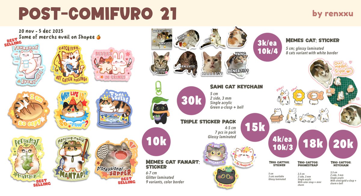 🩷&amp; 🔄 are very appreciated

Renxxu’s #CF21 aftersale pre-order📦

📅: 20 nov -5 dec
🐱 Seventeen, Haikyuu, AoT, JJK, Genshin Impact, Original (cat, transum, meme) 

🔗: forms.gle/UkRZySqhRGcBYd…
🍊: s.shopee.co.id/3qFQM2bFyE

#comifuro21 #cf21catalogue #comifuro21catalogue