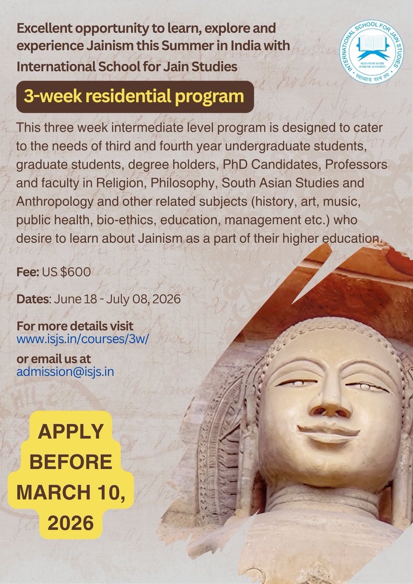 jain_studies's tweet photo. Admission Open for 2026-3 Week residential program by @jain_studies 
Apply now and book your seat!!
For more details visit: https://t.co/hNXS0DU2IV

#Summer2026 #Learning #jainism #jain #bharat #philosophy #religion #culture #history #opportunity #MustWatch https://t.co/q9C3BikSxo