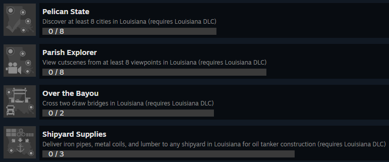 Psst... did you know <a href="/SCSsoftware/">SCS Software</a> has released their list of <a href="/Steam/">Steam</a> achievements for #Louisiana??? Take a look! Do you think this means they are almost ready to release the DLC? I, for one, am VERY excited for this! #LetsGo