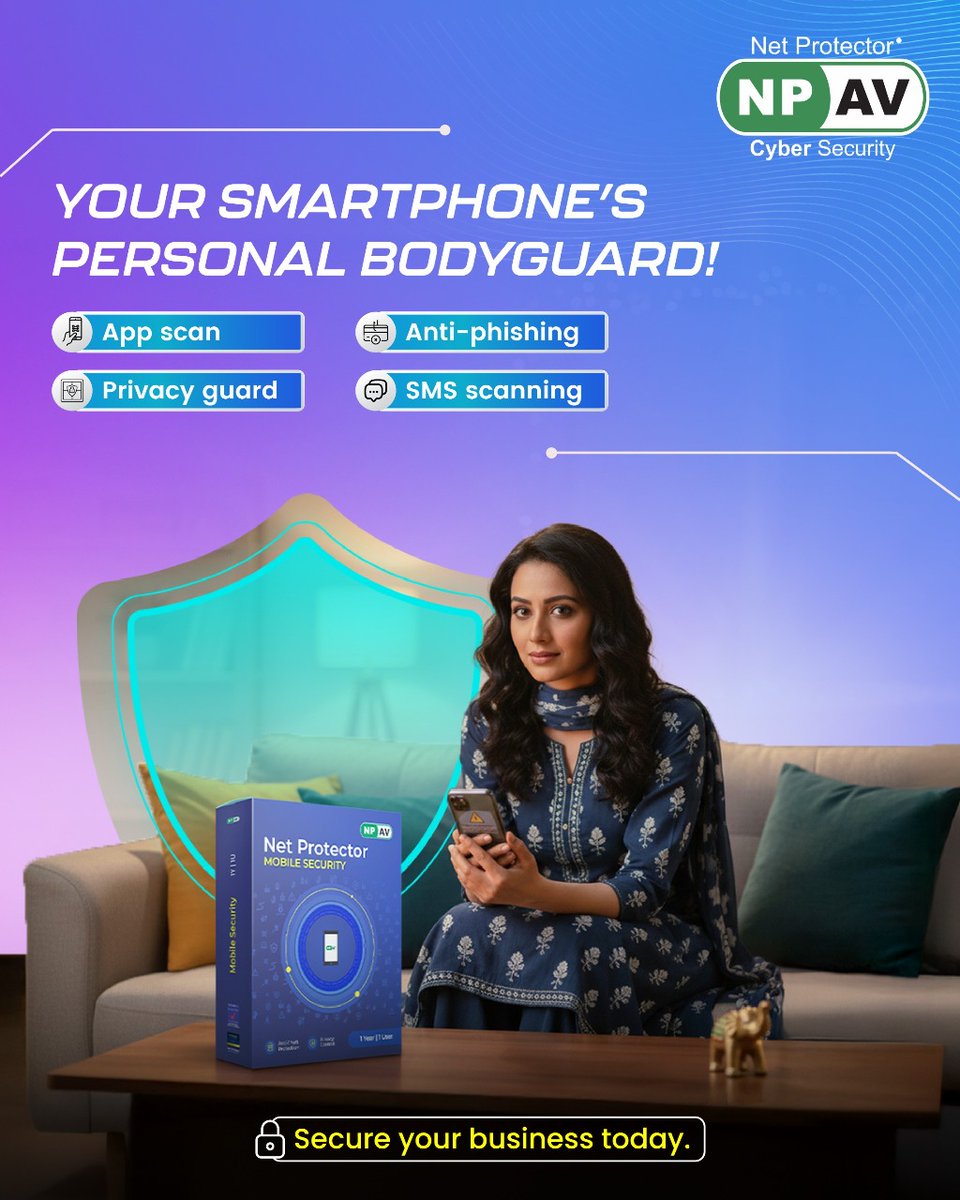 netprotector's tweet image. Your phone isn’t just a device — it’s your business desk.
Protect it with NPAV Mobile Security: app scan, anti-phishing, privacy guard &amp;amp; SMS protection.
Your smartphone stays safe. Your work stays secure.

(Net Protector, NPAV, OTPScam, CyberSafety, Net Protected Life Sorted)
