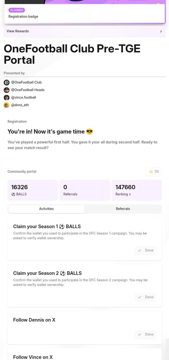 Nwam_bugo's tweet image. $OFC Token Generation Event is expected in Q4 

-1B token supply 
-51% to allocated to the community (510M)

how to position for drop

✅ Join the link:app.megaphone.xyz/pages/onefootb…
✅ connect your EVM wallet (same with S1 &amp;amp; S2 if you participated)
✅ complete the pre-tge task 
✅…