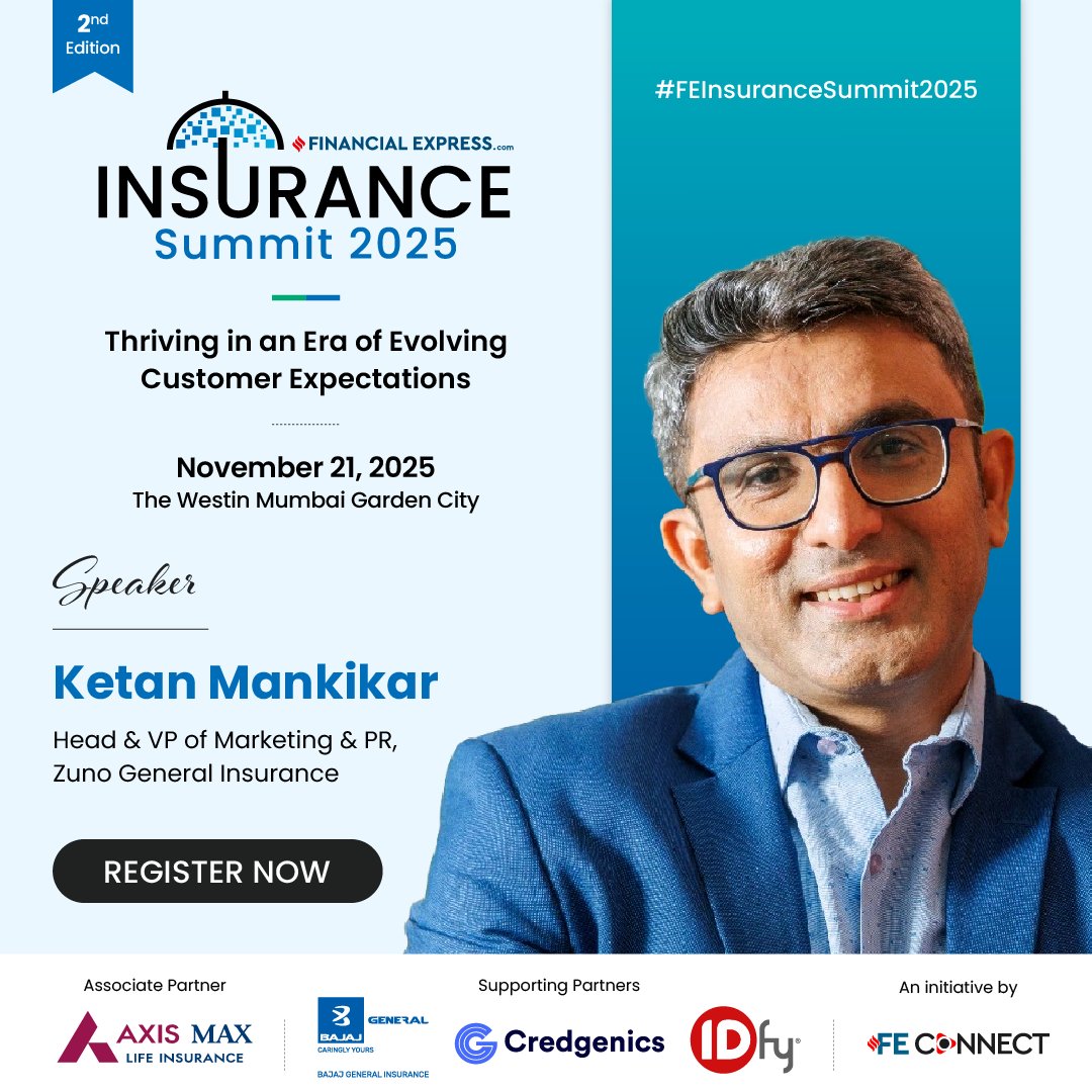 We are elated to have Ketan Mankikar, Head &amp; VP of Marketing &amp; PR, <a href="/hi_zuno/">Zuno General Insurance</a>, for the 2nd Edition of the FE Insurance Summit 2025.

November 21, 2025 | The Westin Mumbai Garden City
Register now: shorturl.at/ShC5w 

<a href="/AxisMaxLifeIns/">Axis Max Life Insurance</a> | @Credgenics | <a href="/bajajgeneral/">Bajaj General Insurance</a> | IDfy