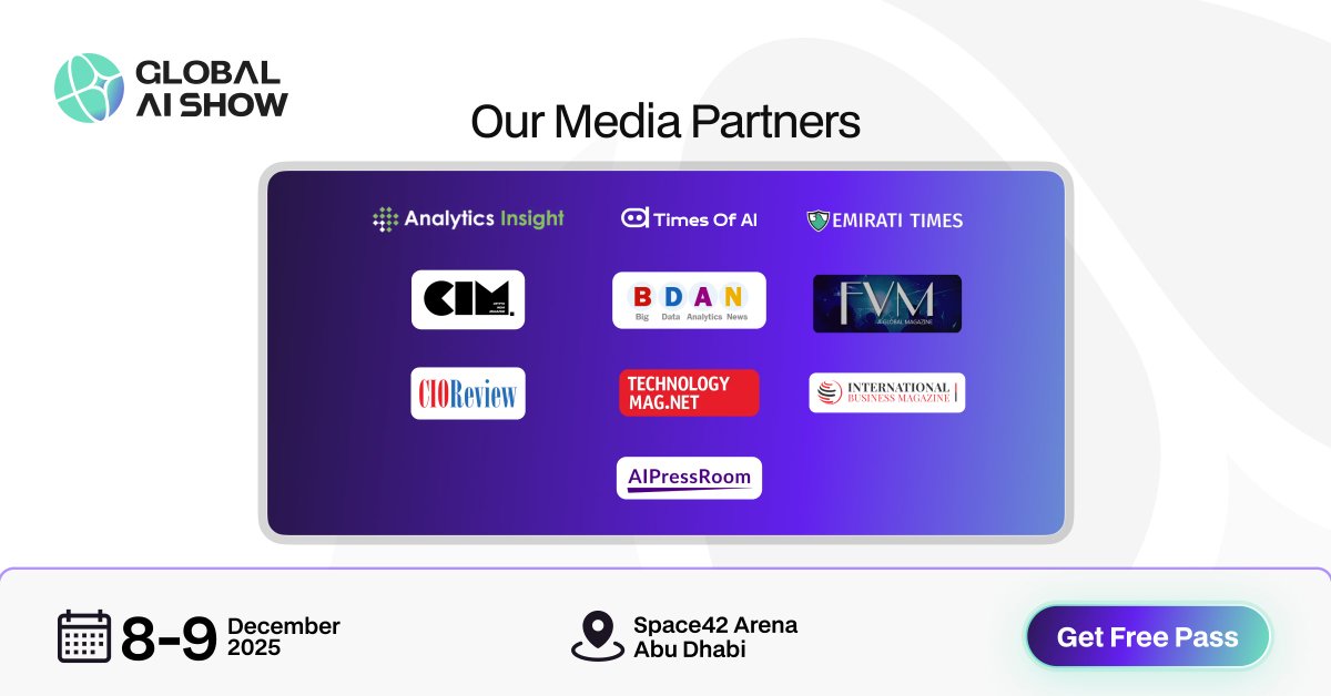 GlobalAIShow's tweet image. Innovation thrives when great minds connect. 💡 

We’re proud to welcome the following as our official Media Partners for the Global AI Show 2025 — amplifying the dialogue around AI, technology, and the future of humanity.  

Times of AI @TimesOfAI_
Analytics Insight…