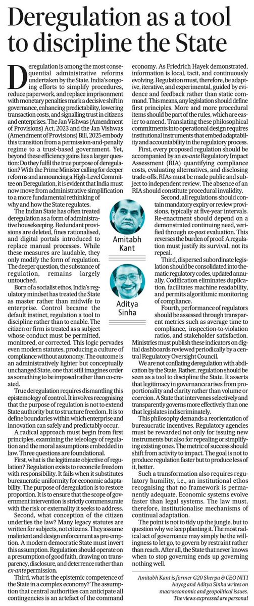 amitabhk87's tweet image. Deregulate, deregulate &amp;amp; deregulate; First, every proposed regulation should be accompanied by an ex-anteRegulatory Impact Assessment (RIA); 
Second, all regulations should contain mandatory expiry or review provisions; 
Third, dispersed subordinate legislation should be updated…