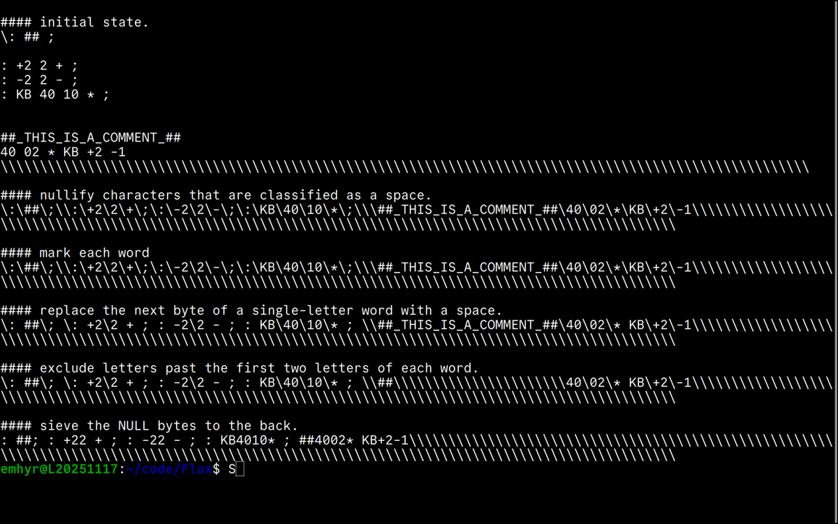 VPCOMPRESSB's tweet image. no Tokens and no ASTs. (easier because its Forth-like).

all i&apos;m doing is transforming the source directly via byte shuffling and bit magic, and its parallelizable at a per-byte basis [theoretically, because i have yet to try that out].

code is awful because i&apos;m using Java as if…