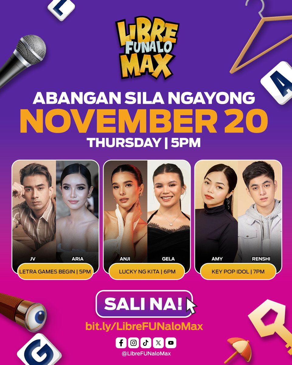 librefunalomax's tweet image. ABANGAN SILA NGAYONG NOV. 20, THURSDAY! 🤩

Makisaya, makilaro, at manalo kasama sina JV, Aria, Anji, Gela, Amy, at Renshi sa LIBRE FUNALO MAX — LIBRE Games, MAX Fun! 🎉

Kitakits mamayang 5PM sa 👉 bit.ly/LibreFUNaloMax ! FUNalo Ka Rito! 🥳

#LibreFUNaloMax
