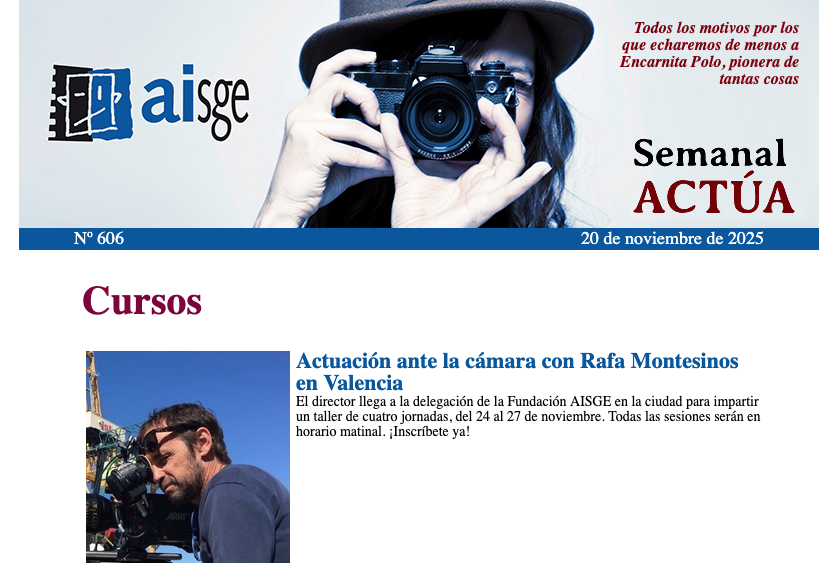 aisge's tweet photo. ¿Preparado para ponerte al día con #AISGE y la #FundaciónAISGE? En el #SemanalActúa te ofrecemos cada jueves nuestras novedades de un plumazo: el adiós a #EncarnitaPolo, el 23 Congreso de la Federación Internacional de Actores, Daniel Guzmán, secciones...
https://t.co/gDZ9bhFTF9 https://t.co/lrIqgzmnhp