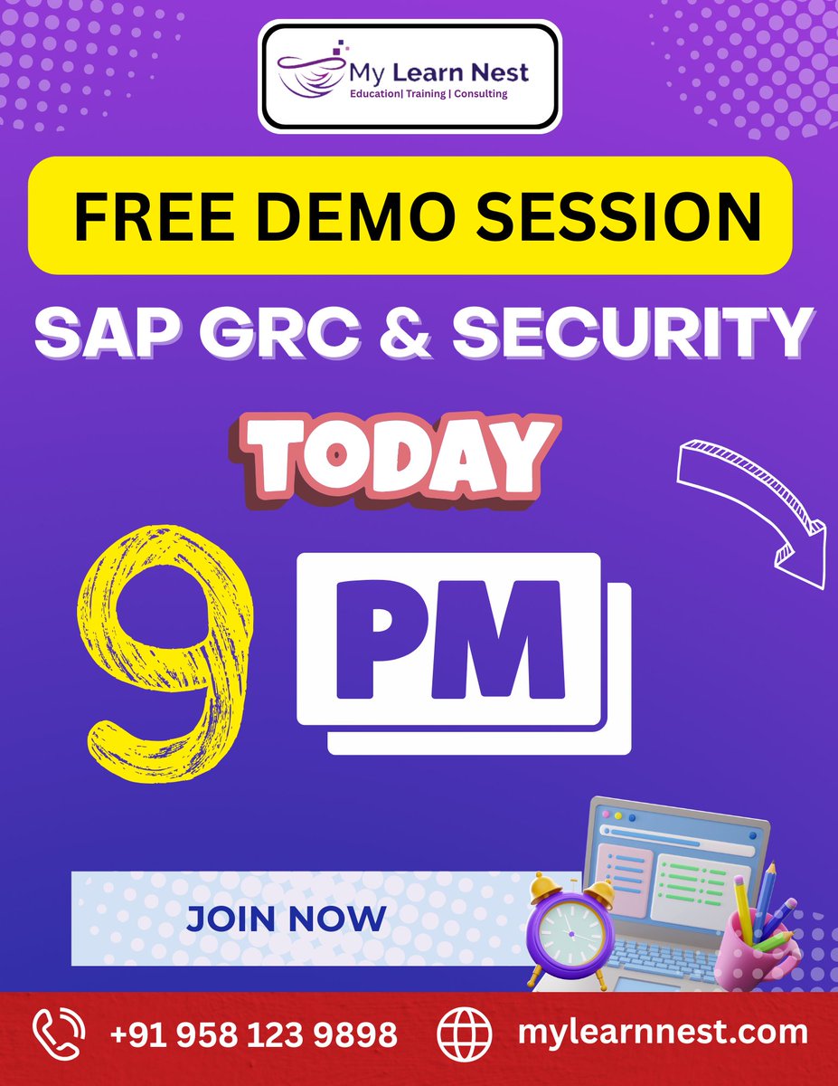 MylearnNest's tweet image. FREE Demo Today at 9 PM!
Learn SAP GRC &amp;amp; Security with real-time insights, access control, and compliance skills.
Join MyLearnNest and boost your IT career!
Register Now 👉 mylearnnest.com
📞 +91 958 123 9898

#SAPGRC #SAPSecurity #SAPTraining