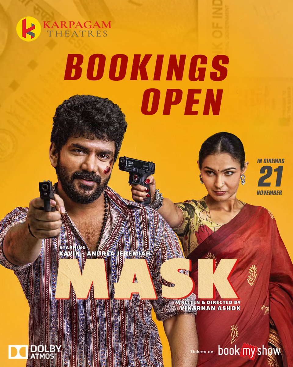 KarpagamTheatre's tweet photo. A detective in trouble. A villain in control. A heist out of hand. Welcome to Mask.
๐ฃ Bookings are officially open!
๐๏ธ Grab your tickets
#Mask #MaskMovie #MaskTamil #Kavin #AndreaJeremiah #RuhaniSharma
#Kollywood #HeistThriller #DarkComedy #KarpagamTheatre #TamilMovies https://t.co/YW0odNtgk3
