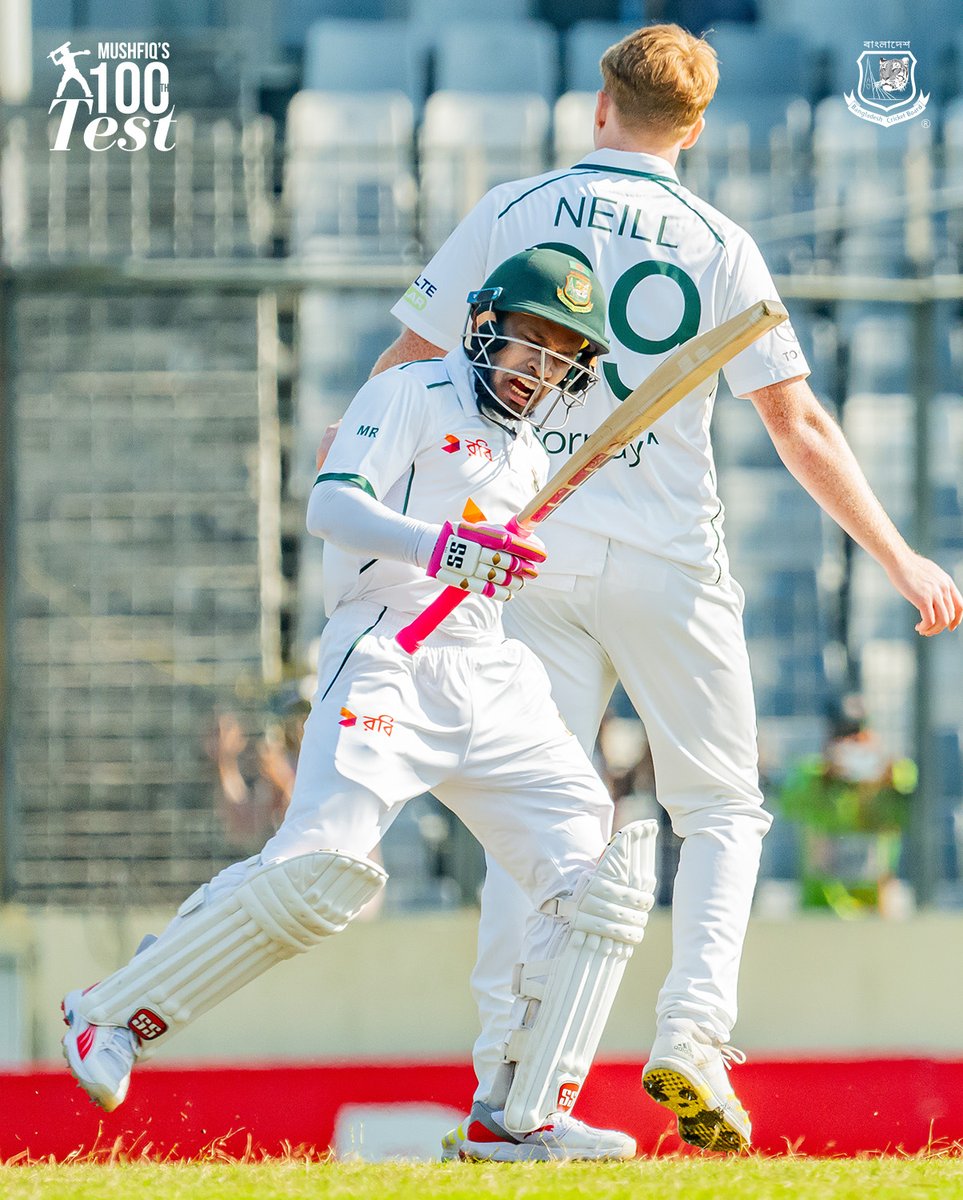 BCBtigers's tweet image. A celebration for the ages — Mushfiqur Rahim marks his 100th Test with a magnificent hundred. 🇧🇩❤️

Day 2 | 2nd Test | Dutch-Bangla Bank Bangladesh 🆚 Ireland Test Series 2025
 
19-23 Nov 2025 | 9:30 AM | SBNCS, Dhaka

#Bangladesh #TheTigers #BCB #BANvIRE #Ireland #BANvsIRE…
