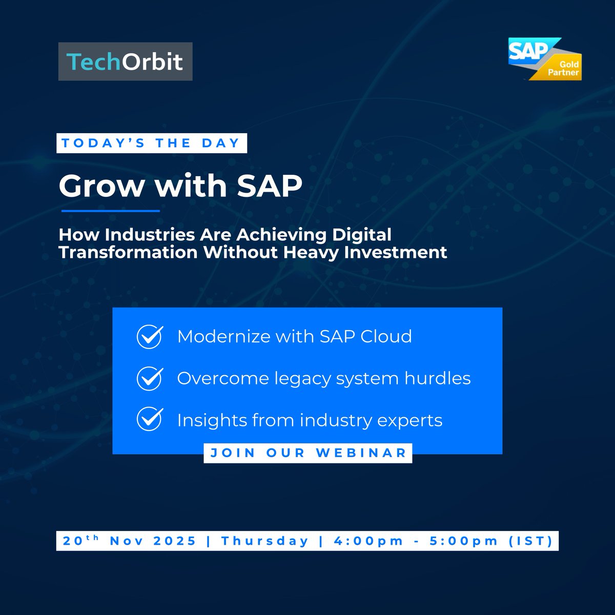 TechorbitL's tweet image. Our Grow with SAP webinar is going live soon.
Join us to see how industries are modernizing operations with SAP Cloud.

20 Nov | 4–5 PM IST
Register: tinyurl.com/3m79db78

#Webinar #GrowwithSAP #SAPwebinar #TechOrbit