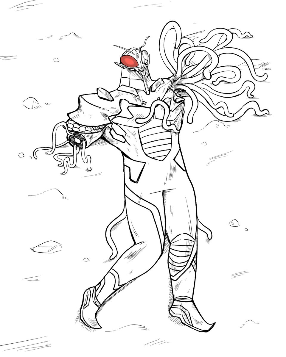 個人的にかなりお気に入りデザインの怪人。
カマキリの中にいるハリガネムシっていう
寄生虫がモチーフになってます。
ハリガネムシを文字通り針金にしたら
サイボーグみたいに出来るんじゃないかなって 