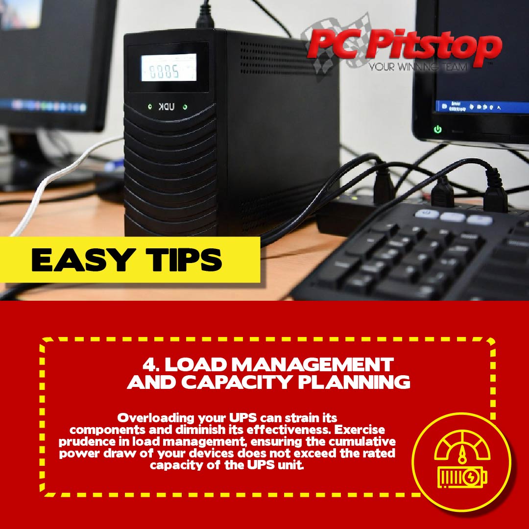 pcpitstopaus's tweet image. 4. Load Management and Capacity Planning - Overloading your UPS can strain its components and diminish its effectiveness. Exercise prudence in load management, ensuring the cumulative power draw of your devices does not exceed the rated capacity of the UPS unit.
