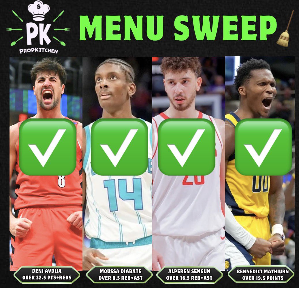 $40 to a follower who LIKES ❤️ ⤵️

𝟒-𝟎 𝑴𝑬𝑵𝑼 𝑺𝑾𝑬𝑬𝑷 🧹 

✅ Alperen Şengün o16.5 Reb+Ast
✅ Bennedict Mathurin o19.5 Points
✅ Deni Avdija o32.5 Pts+Reb
✅ Moussa Diabaté o8.5 Reb+Ast

DROP A 💚 IF YOU CASHED TODAY! 🤑