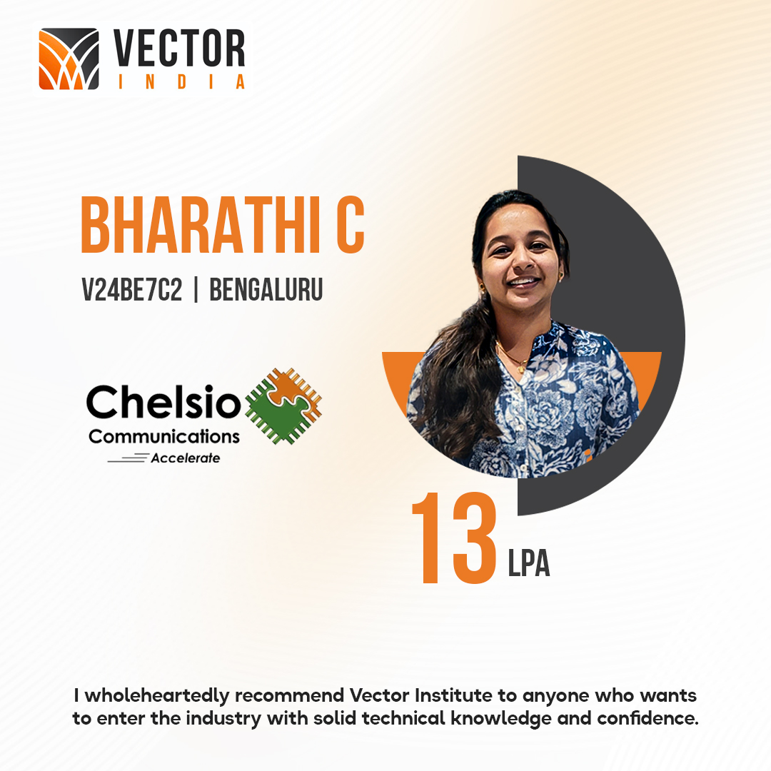 Vector_India's tweet image. Proud Moment for Vector India!
Congratulations to Bharathi C for securing a 13 LPA placement at Chelsio Communications. Your hard work and Vector’s hands-on training truly paid off. Keep shining! 
#EngineeringGraduates #EmbeddedSystems #PlacementSuccess #EngineeringColleges