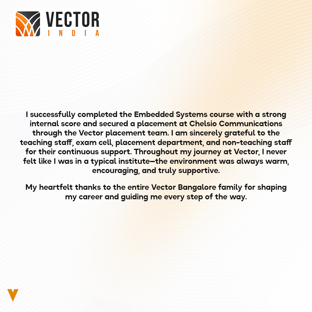 Vector_India's tweet image. Proud Moment for Vector India!
Congratulations to Bharathi C for securing a 13 LPA placement at Chelsio Communications. Your hard work and Vector’s hands-on training truly paid off. Keep shining! 
#EngineeringGraduates #EmbeddedSystems #PlacementSuccess #EngineeringColleges