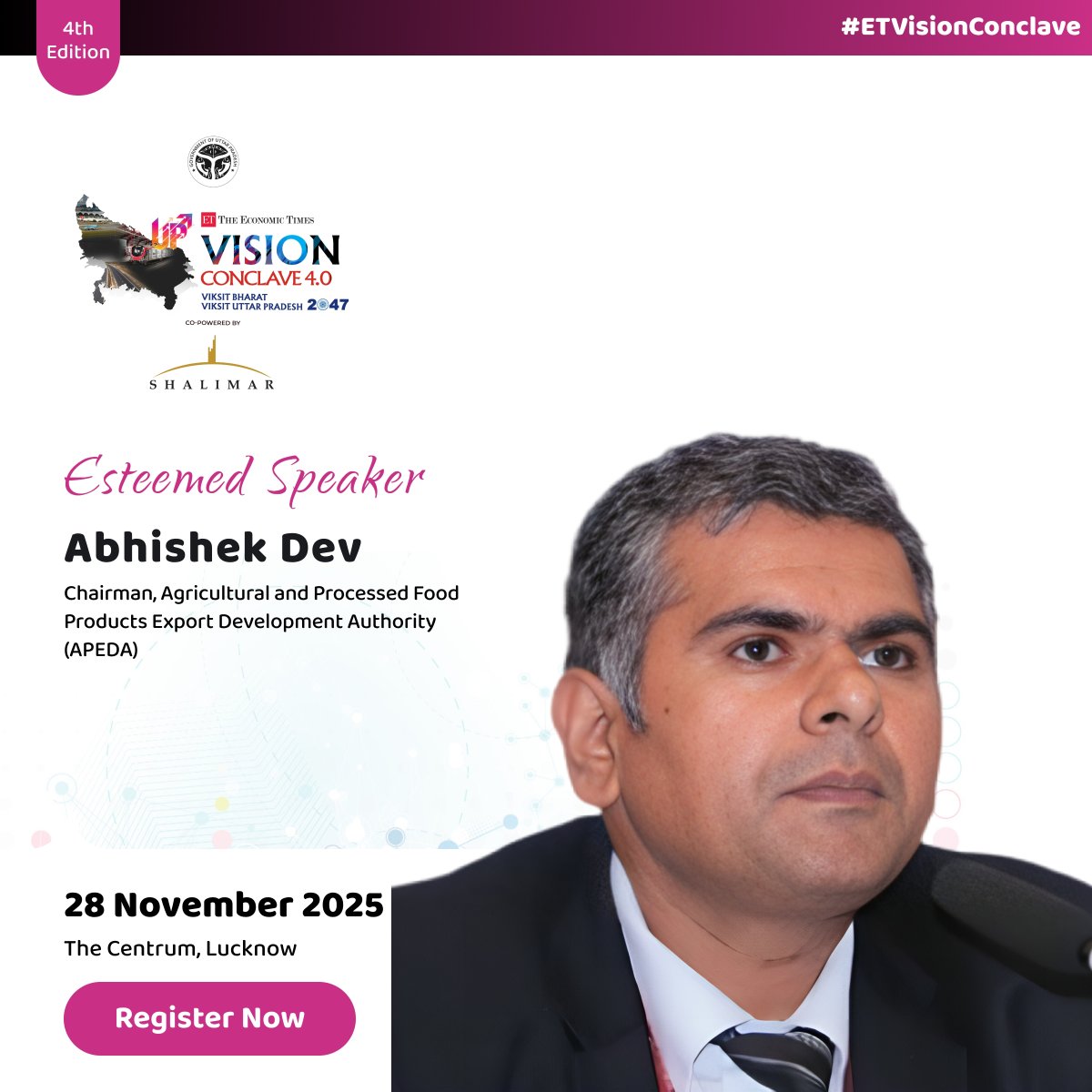 ET_Government's tweet image. We’re delighted to welcome Abhishek Dev, Chairman, @APEDADOC, as an esteemed speaker for the 4th edition of the #ETVisionConclave.

Express Interest: shorturl.at/nEtdy

#ETGovernment #VisionConclave #ViksitBharat #ViksitUP2047 #UPVision2047 #India2047