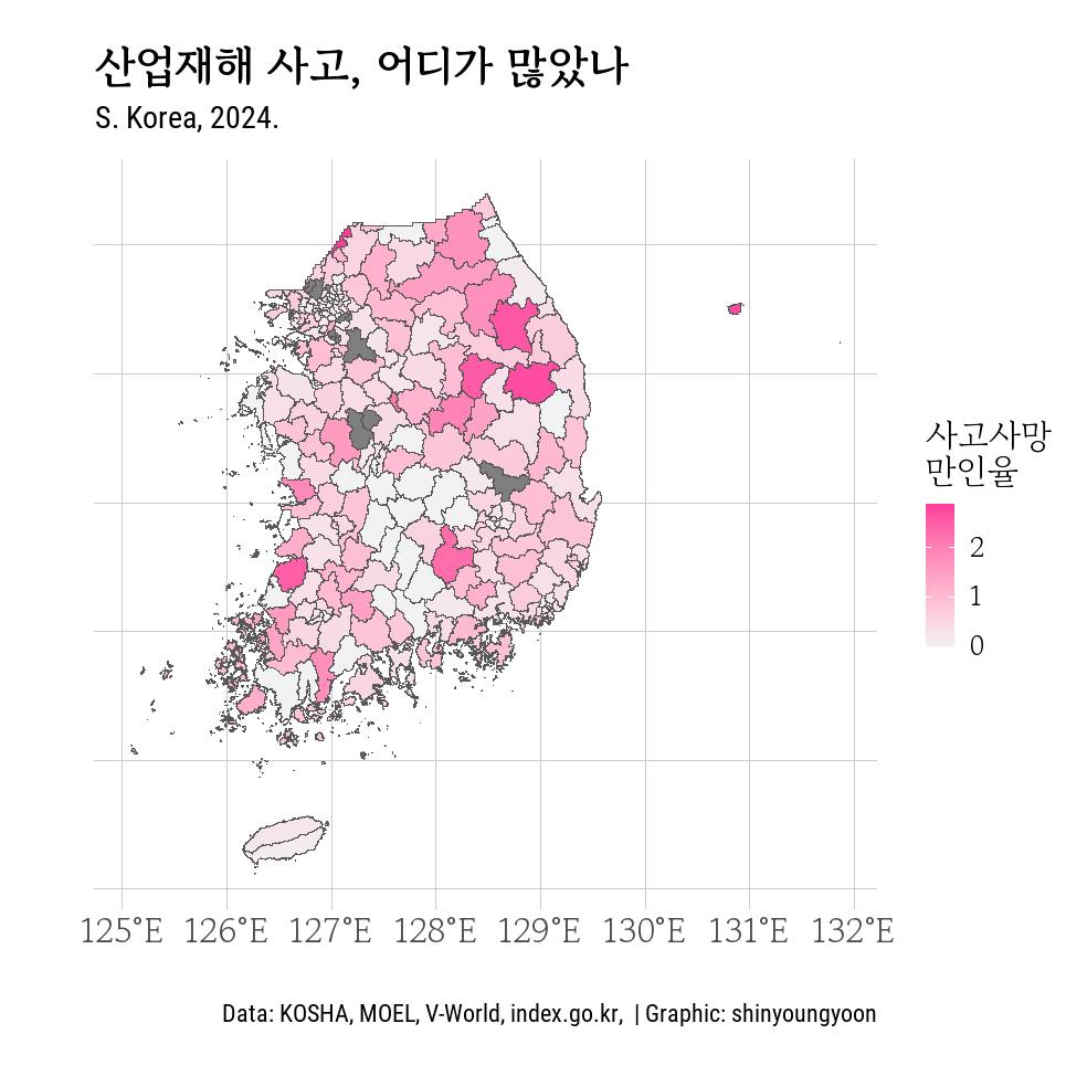 shinyoungyoon's tweet image. 산업재해 지도 ‘827, 일터에서 돌아오지 못한 사람들’을 업데이트했다. 정보공개센터에서 청구해 받아낸 중대산업재해 3년치 데이터 887건을 시각화해 추가했다. 지도를 통해 원인별 사건을 각각 볼 수 있다. 원인, 발생 시도, 그리고 사망자 발생 상위 기업도 표로 정리했다. sciencesay.shinyapps.io/ind_acc/