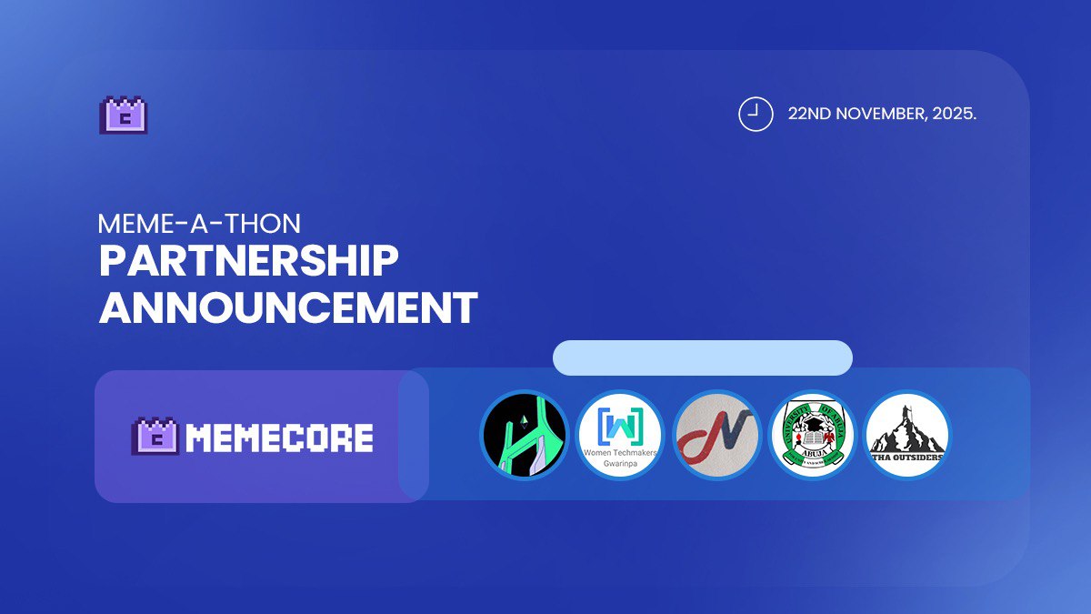 MEME-A-THON Partnership Announcement  

We are delighted to announce a new partnership with <a href="/ThaOutsidaz/">Tha Outsiders Hike group</a>, <a href="/NipponGrand/">Nippon Grand Hotel</a>, <a href="/uni_abuja/">University of Abuja</a>, <a href="/EthAbuja_/">EthAbuja | web3abuja.eth</a>, and <a href="/wtm_gwarinpa/">WomenTechMakers Gwarinpa, Abuja.</a> 

Together, we are pushing the mission forward: uniting the best of community, meme culture, and fitness💪 

Stay
