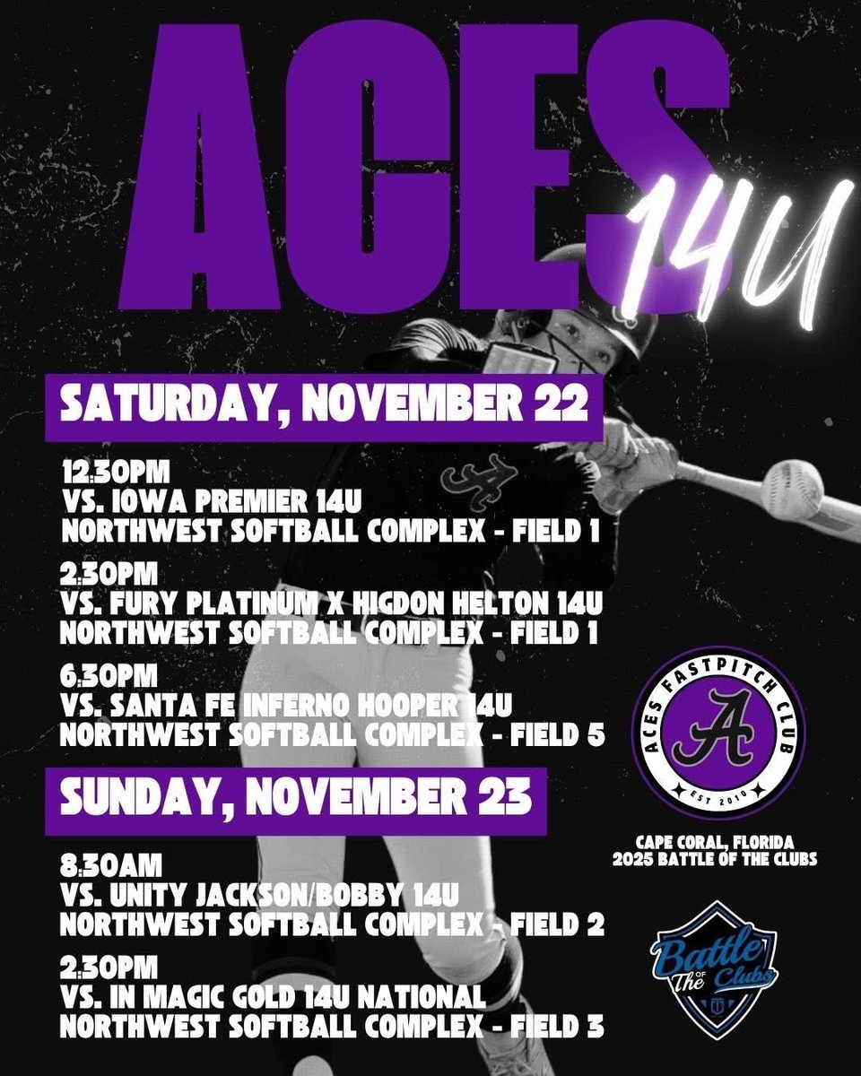 Excited to play in Battle of the Clubs at Cape Coral, FL this weekend and finish the fall season strong. 💪🏼 

<a href="/Aces_SoftballKC/">Aces Softball</a>
<a href="/STayTaylor18/">Taylor Taylor</a> 
<a href="/StaleyFalconsSB/">Staley Falcons Softball</a> 
<a href="/Team1_fastpitch/">Team 1 Fastpitch</a> 
<a href="/ConnectSports_/">Connect Sports</a> 
<a href="/LineDsoftball/">Line Drive Media</a> 
<a href="/ExtraInningSB/">EXTRA INNING SOFTBALL</a> 
<a href="/SoftbalAmerica/">Softball America</a>