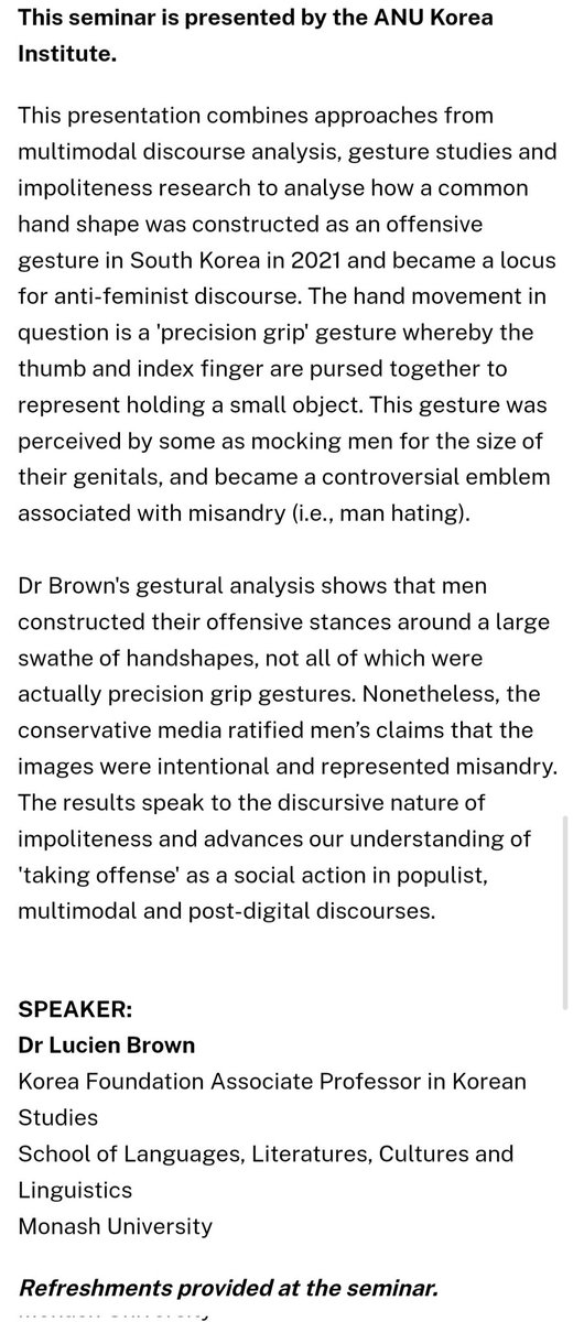 choxchco2103's tweet image. 외국에서 왜 21년 한국에서, 일부 남성들에게 흔한 손모양이 성기 크기 조롱으로 인식되었는가 연구됨.

한국학 루시엔 브라운 부교수의 제스처 연구에 따르면 집게손은 정밀한 제스처가 아님. 그러나 남성들은 그 이미지가 의도적이고 남성혐오를 나타낸다고 주장함. 그걸 언론이 지지해줌.