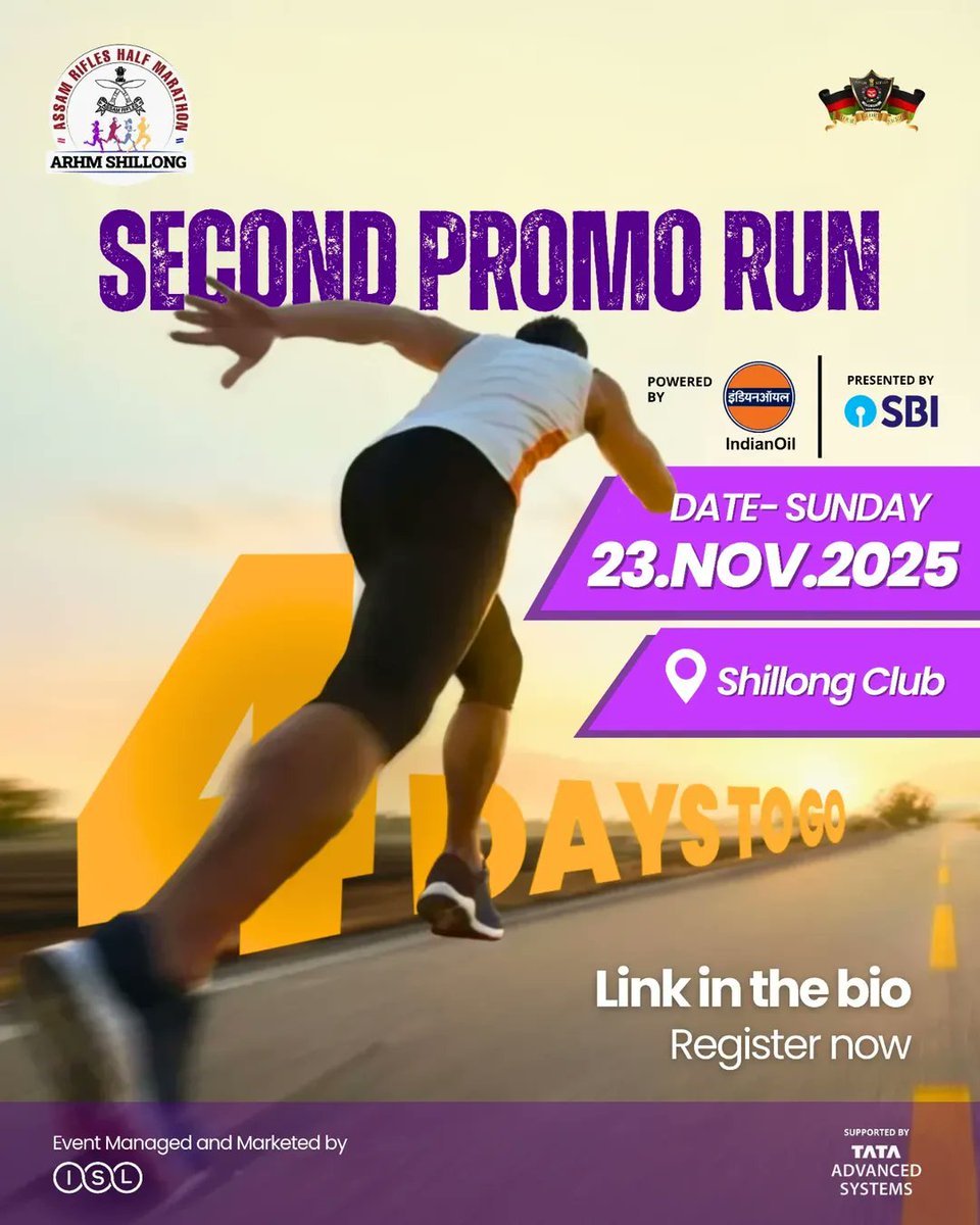 official_dgar's tweet image. Gear up for the promo run. Only 4 days left. Hit the link in bio and grab a spot fast.

[promo run, half marathon, fitness event, race day, trail run, shillong run, outdoor fitness, marathon prep]

#promorun #runready #racecountdown #halfmara #guwahatirun #runnersofindia