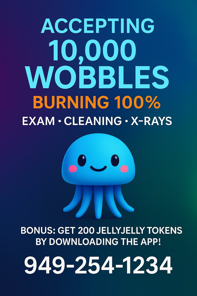 KooKarimi's tweet image. 🚨Breaking:

Our dental office now accepts 10,000 $Wobbles for your exam, cleaning, and X-rays!! 

 we will  be burning 100% of all $Wobbles received. 🪼🔥

plus, grab 200 #JellyJelly tokens just by downloading the @jellyvideochats !

#Jellyjelly - $wobbles network effect in full…
