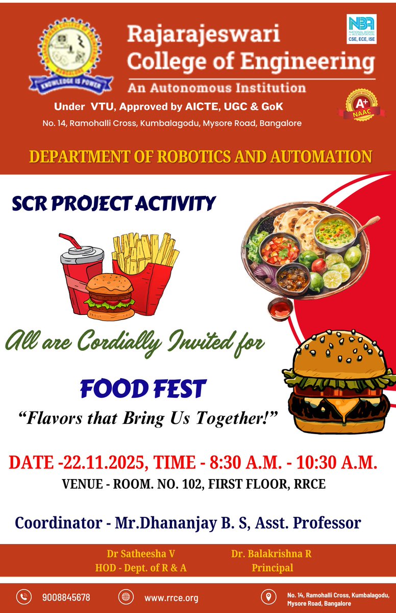 rrceblr's tweet image. 🎉🍽 #RRCE | #RoboticsAndAutomation
R&amp;amp;A Dept hosts Food Fest 2025 under the SCR Project! Enjoy tasty treats, creativity, and teamwork as students present exciting food stalls. 😋✨
📅 22 Nov 2025 | ⏰ 8:30–10:30 AM | 📍 Room 102
#FoodFest2025 #CampusLife #SCRActivity #RRCEPride