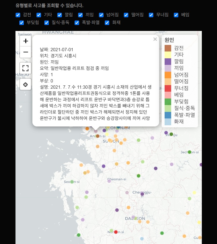 shinyoungyoon's tweet image. 산업재해 지도 ‘827, 일터에서 돌아오지 못한 사람들’을 업데이트했다. 정보공개센터에서 청구해 받아낸 중대산업재해 3년치 데이터 887건을 시각화해 추가했다. 지도를 통해 원인별 사건을 각각 볼 수 있다. 원인, 발생 시도, 그리고 사망자 발생 상위 기업도 표로 정리했다. sciencesay.shinyapps.io/ind_acc/