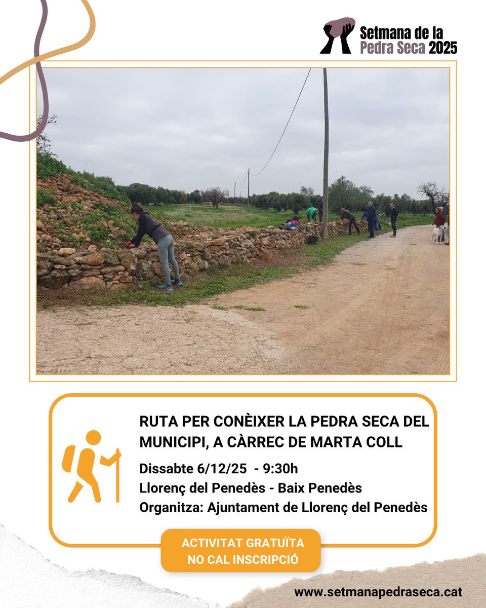 SetmPedraSeca's tweet image. 🟠 DESCOBERTA
🚶‍♀️Ruta per conèixer la pedra seca del municipi, a càrrec de Marta Coll

🗓6/12
⏰9:30h
📍Llorenç del Penedès
📌Organitza: Ajuntament de Llorenç del Penedès
➕Info, calendari i mapa👇
setmanapedraseca.cat/activitats/age…

#SetmanaPedraSeca25 #PedraSeca