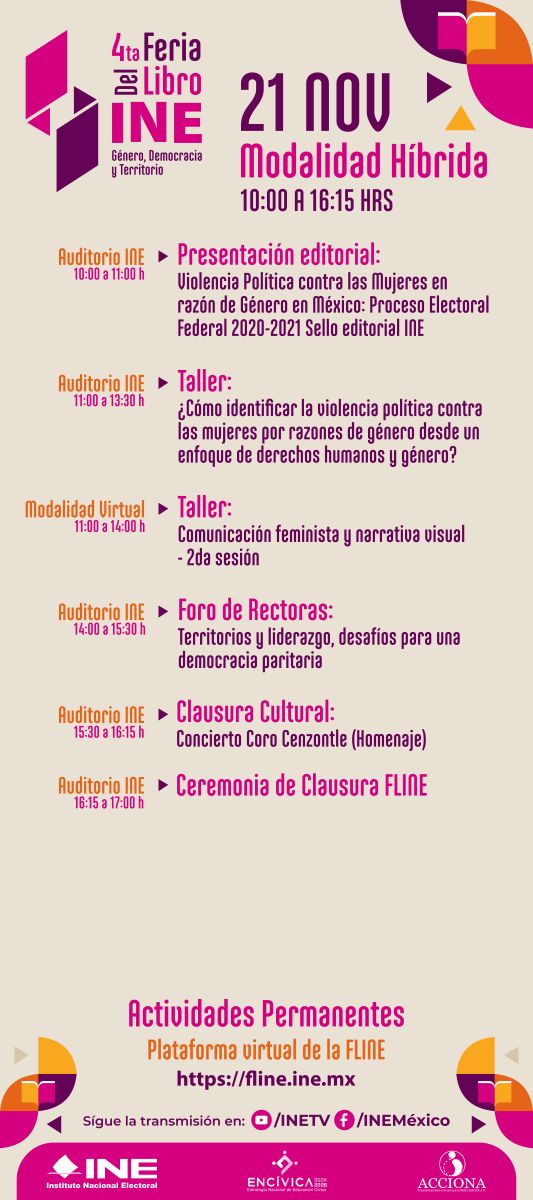 🟣¡Consulta la Cartelera de hoy 20 y mañana 21 de noviembre de la 4ª Feria del Libro INE 2025 #FLINE! 📚

📍 Evento híbrido: actividades presenciales y virtuales

📺 Sigue las transmisiones en INETV y Facebook INE México youtube.com/@CENTRAL_ELECT…