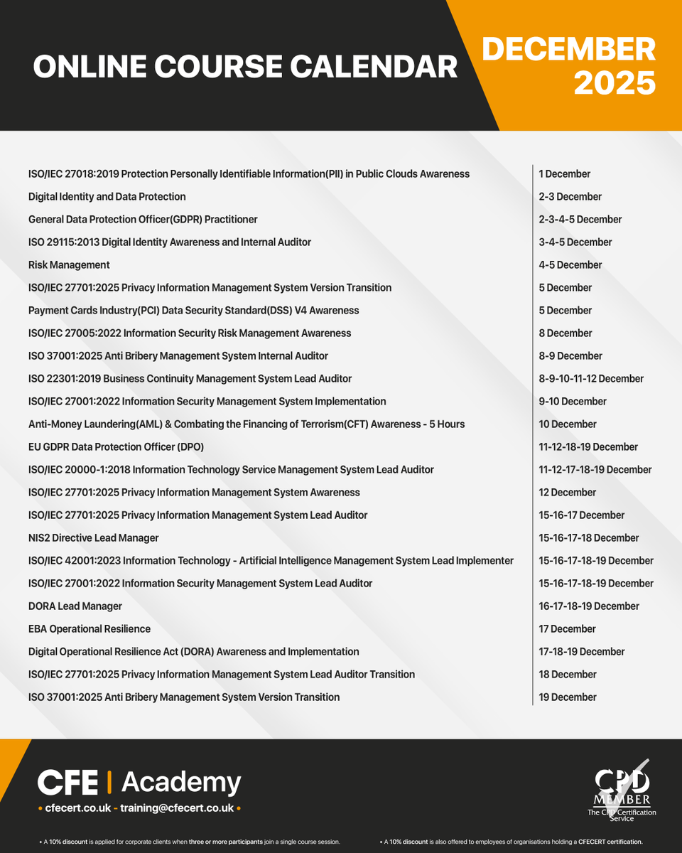 CfeCert's tweet photo. Our December calendar offers a comprehensive range of professional training courses across #informationsecurity, #dataprotection, #privacy management, #artificialintelligence governance, #businesscontinuity, and #compliance. https://t.co/VujtXH3pzW