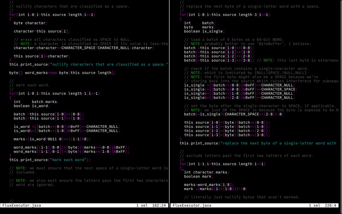 VPCOMPRESSB's tweet image. no Tokens and no ASTs. (easier because its Forth-like).

all i&apos;m doing is transforming the source directly via byte shuffling and bit magic, and its parallelizable at a per-byte basis [theoretically, because i have yet to try that out].

code is awful because i&apos;m using Java as if…