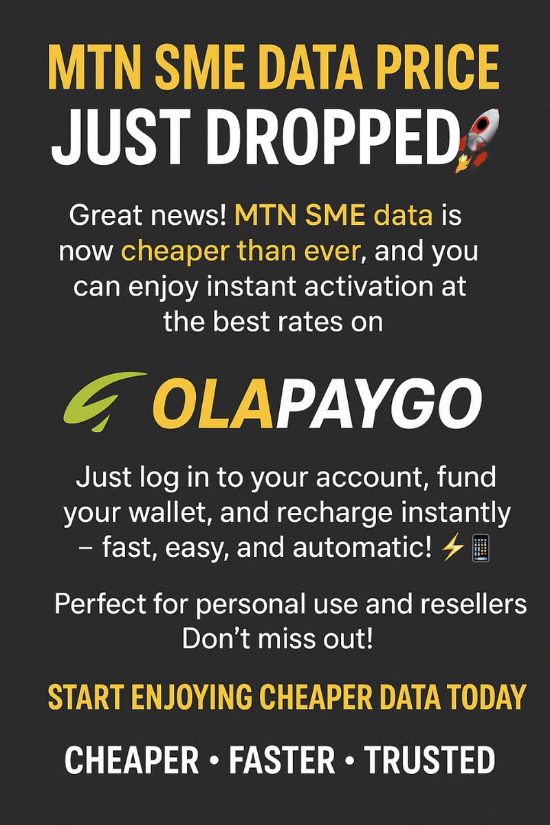 Eniola652's tweet photo. 🔥 *MTN SME DATA PRICE JUST DROPPED! 🚀*

Great news! MTN SME data is now cheaper than ever, and you can enjoy instant activation at the best rates on OlaPayGo.

Just login: https://t.co/Sz65zQ7BB0⚡📲
Perfect for personal use and resellers. Don’t miss out! https://t.co/U1oB13jSSK