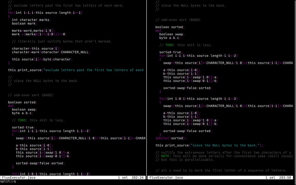 VPCOMPRESSB's tweet image. no Tokens and no ASTs. (easier because its Forth-like).

all i&apos;m doing is transforming the source directly via byte shuffling and bit magic, and its parallelizable at a per-byte basis [theoretically, because i have yet to try that out].

code is awful because i&apos;m using Java as if…