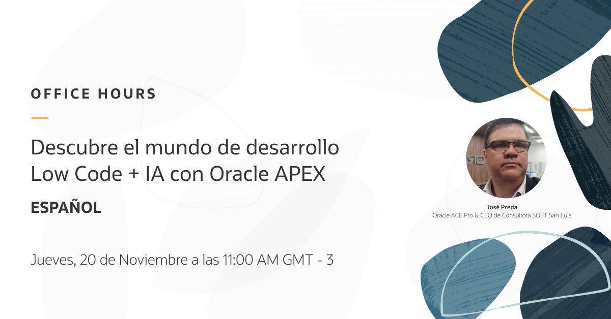 OracleAPEX's tweet image. 🔴 ¡Empezando en breve! 

Acompáñanos en la sesión de APEX en Español: Descubre el mundo de desarrollo Low Code + IA con Oracle APEX.

apex.oracle.com/go/apex-spanish

#orclAPEX #LowCode