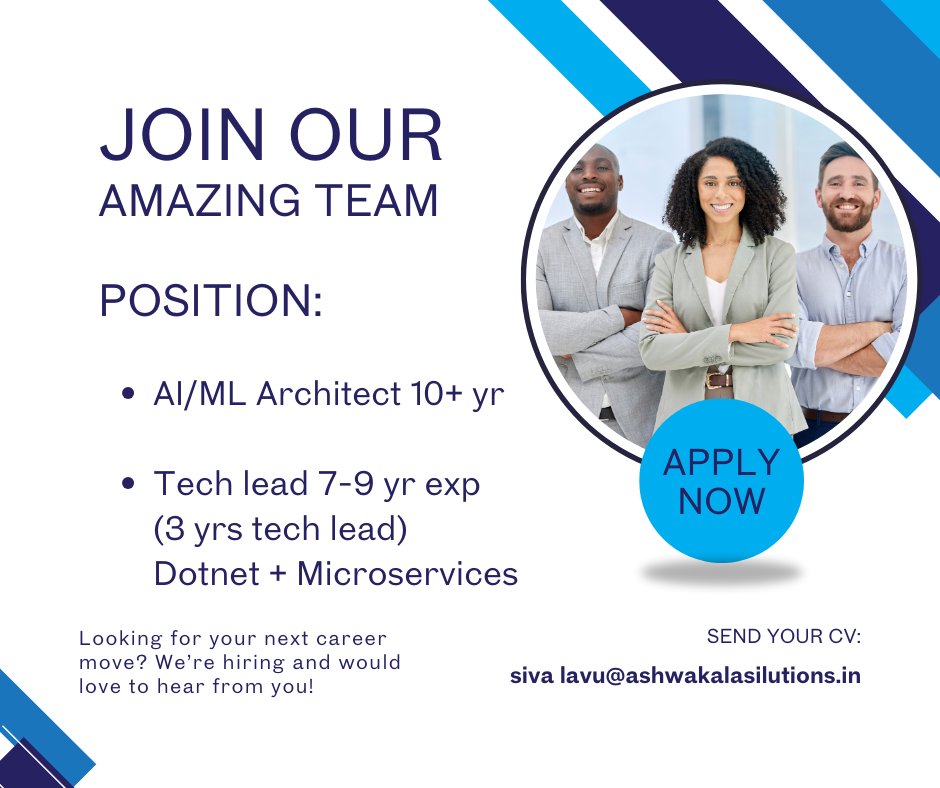 kesava00269024's tweet image. 🚀 We’re Hiring!
Exciting opportunities are open for the following hot requirements 👇

#Hiring #TechLead #DotNetDeveloper #Microservices #AIML #AIEngineer 
#MLArchitect #SoftwareArchitect #BackendDeveloper #AzureDevelopers 
#CloudEngineering #FullStackJobs #TechJobs #ITJobs