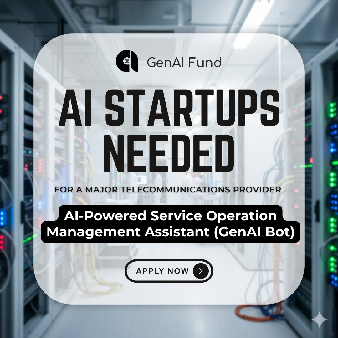 genaifund_ai's tweet image. 🏭 What if your AI startup could help transform how a major telecommunications provider manages its entire network operations—a complex system supporting millions of connections every day?

#GenAIFund #AI #TelecomTech