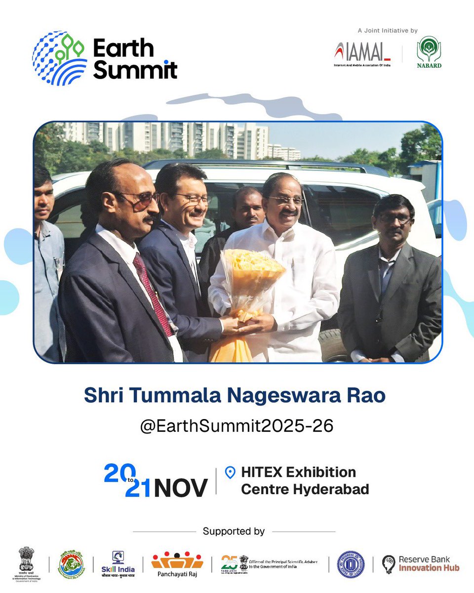 Earth_Summit_IN's tweet image. Shri Tummala Nageswara Rao, Hon’ble Minister of Agriculture, Telangana, arrives at Earth Summit Hyderabad.

We’re proud to have his presence at this landmark event on rural innovation.

@IAMAIForum @NABARDOnline 

#EarthSummitIndia #Nabard #IAMAI