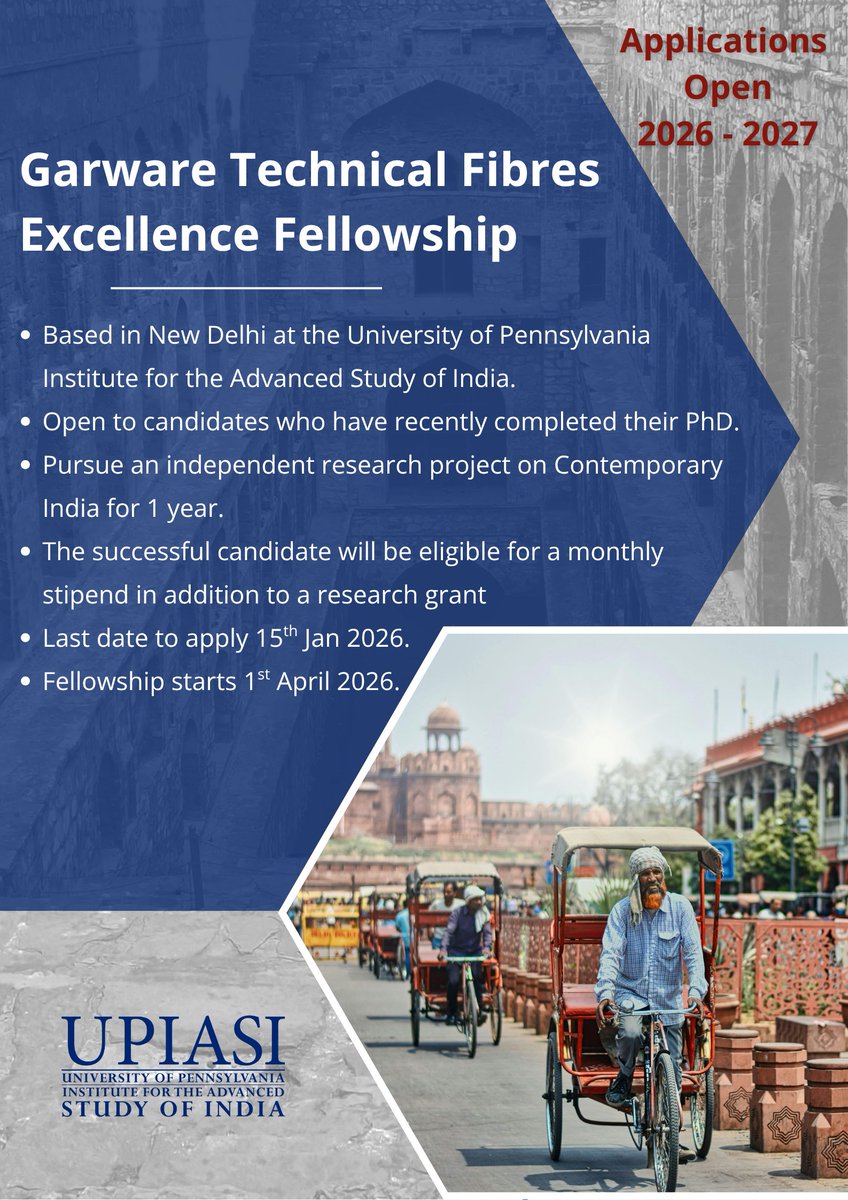 rahul_tverma's tweet image. Garware Fellowship for an independent project on Contemporary India 

- based at UPenn&apos;s India Centre
- deadline 15th Jan 2026

More details: linkedin.com/jobs/view/4322…
